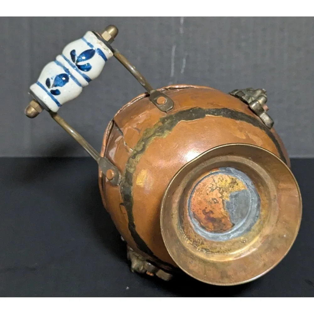 Vintage MCM Copper & Brass Coal Scuttle Lion Mounts Delft-Style Ceramic Handle